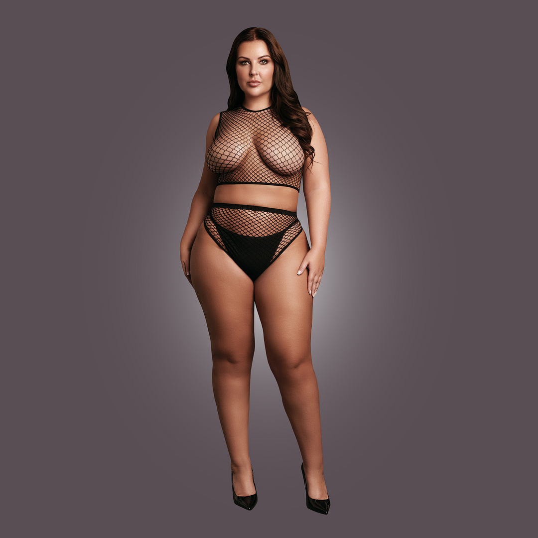 Le désir by shots 2-delige Crop Top - Pantie en Fishnet Structuur - OSX - Zwart (8714273049957)