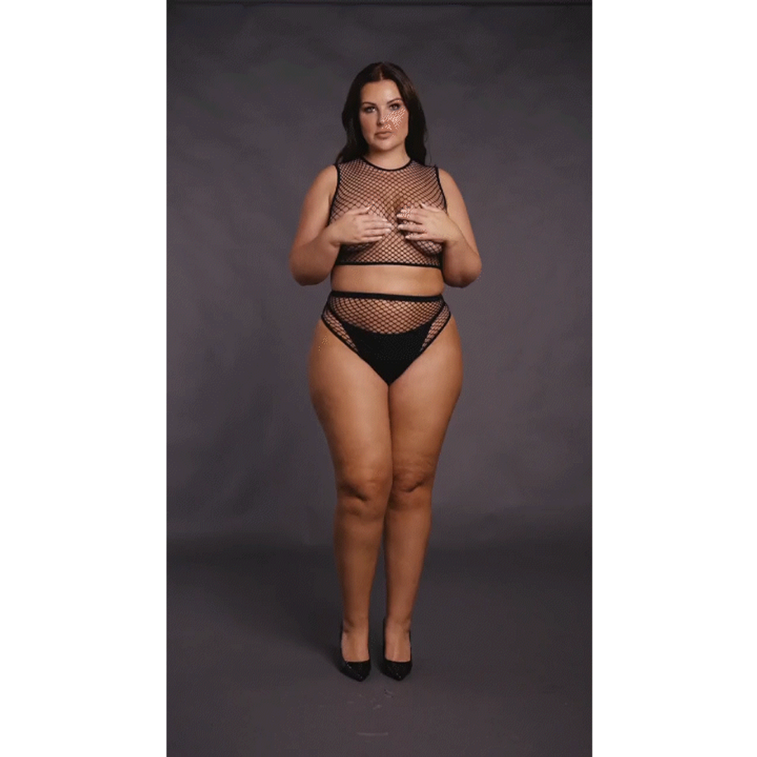 Le désir by shots 2-delige Crop Top - Pantie en Fishnet Structuur - OSX - Zwart (8714273049957)