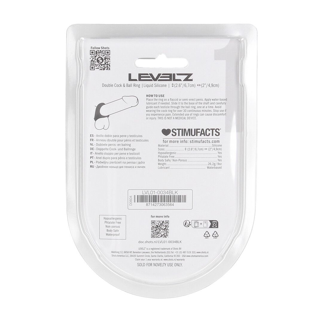 Levelz by shots Dubbele Vloeibare Siliconen Penis- en Balring - Zwart (8714273063564)