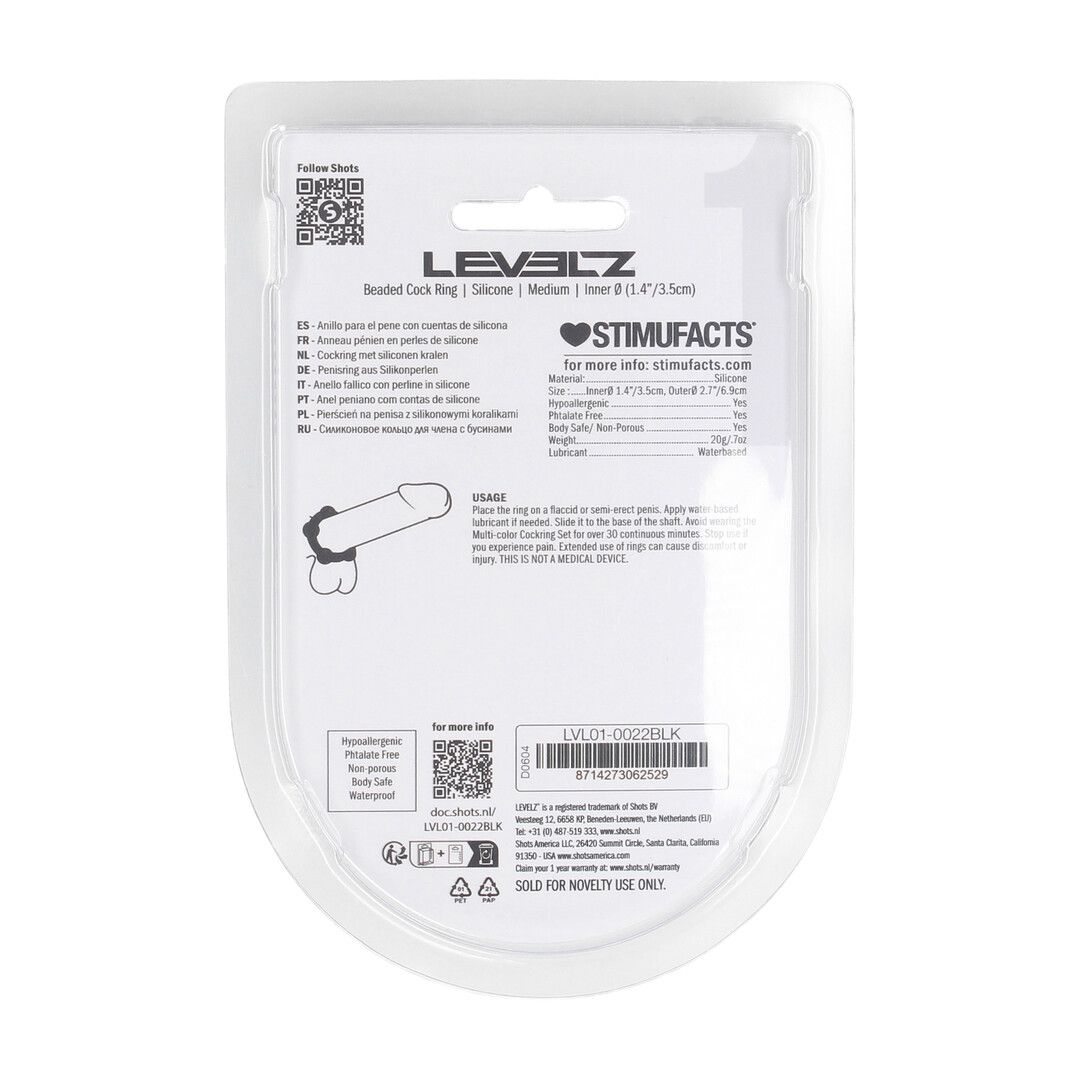 Levelz by shots Kralen Silikon Cockring - M - 35mm - Zwart (8714273062529)