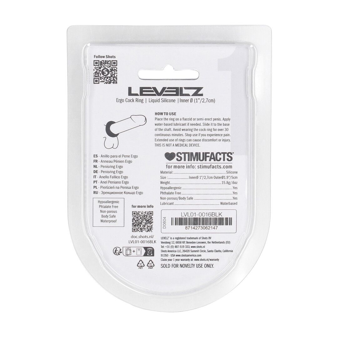 Levelz by shots Ergo Liquid Silicone Cockring - Zwart (8714273062147)