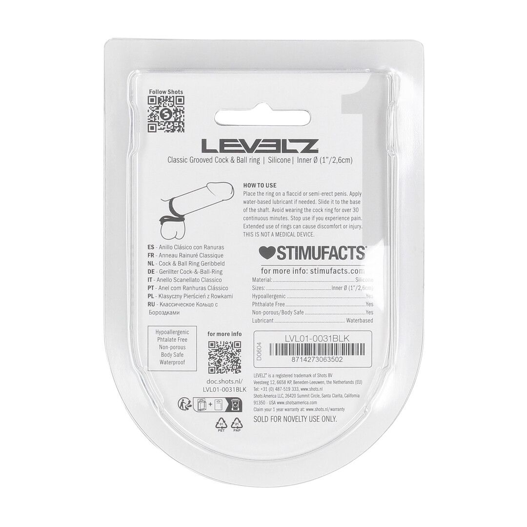 Levelz by shots Classic Grooved Silicone Penis- en Ballenring - Zwart (8714273063502)