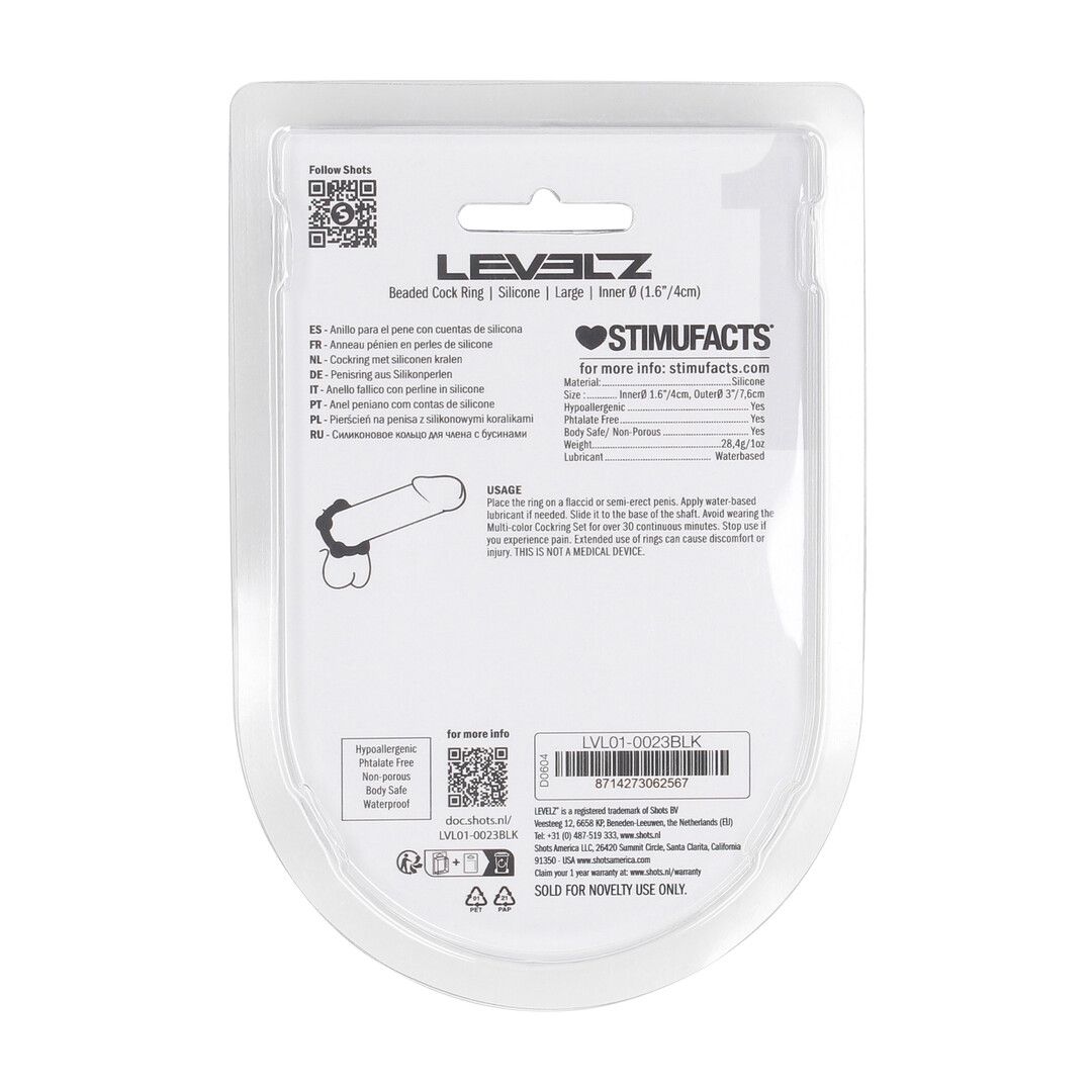 Levelz by shots Kralen Siliconen Cockring - L - 45mm - Zwart (8714273062567)