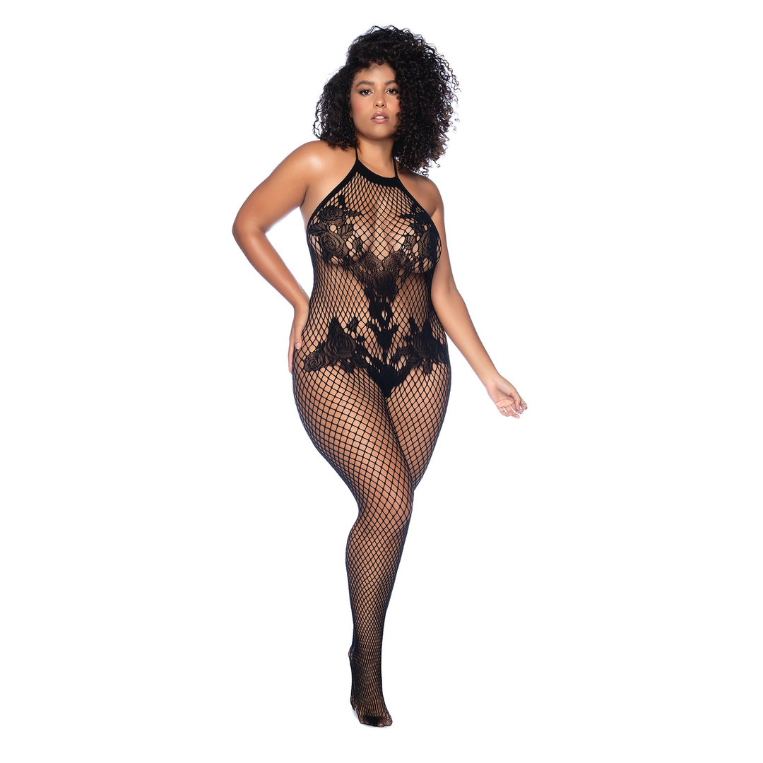 Mapalé Halter en Kralenloze Bloemen Bodystocking - Koninginneformaat - Zwart (190602203869)