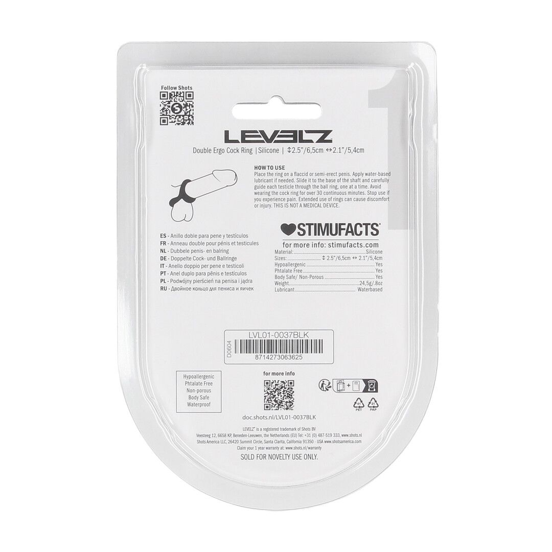Levelz by shots Double Ergo Siliconen Cockring - Zwart (8714273063625)