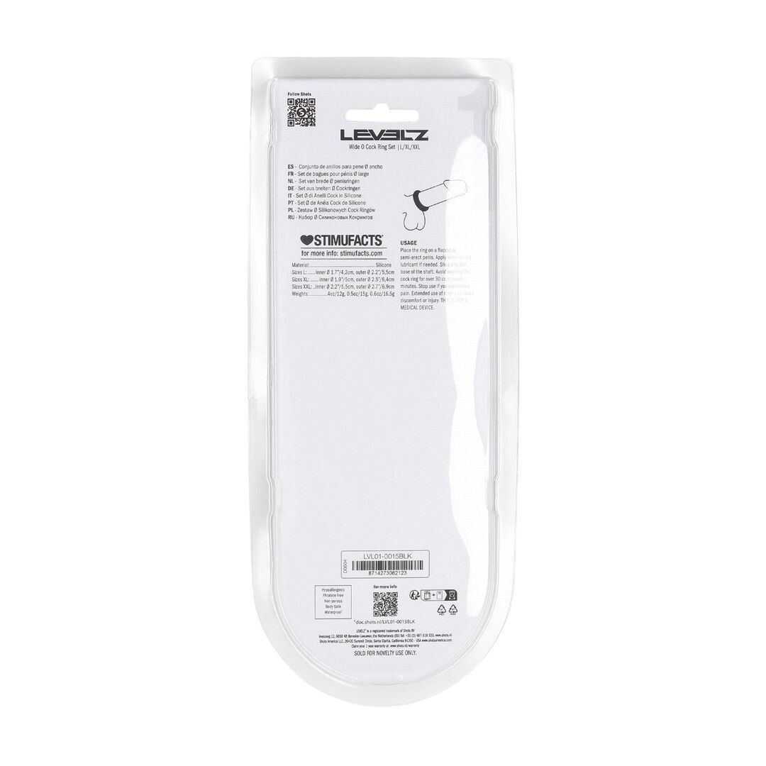 Levelz by shots Wide O Silicone Cockring Set van 3 - L/XL/XXL - Zwart (8714273062123)