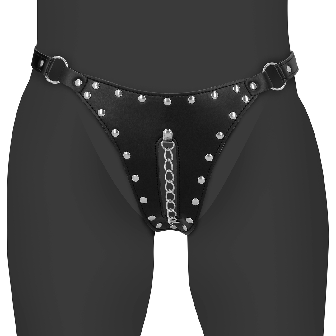 Ouch! by shots PU Leren Chastity Thong met Keten Detail - Zwart (8714273044273)