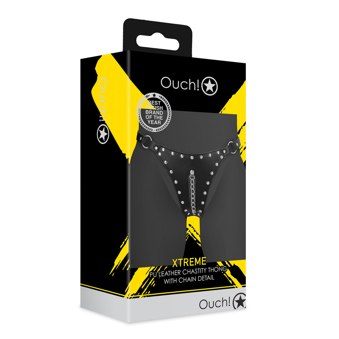 Ouch! by shots PU Leren Chastity Thong met Keten Detail - Zwart (8714273044273)