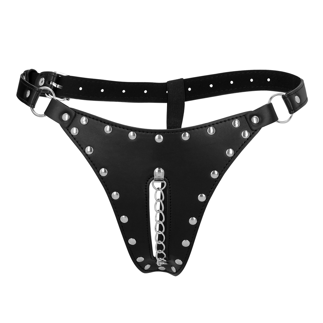 Ouch! by shots PU Leren Chastity Thong met Keten Detail - Zwart (8714273044273)
