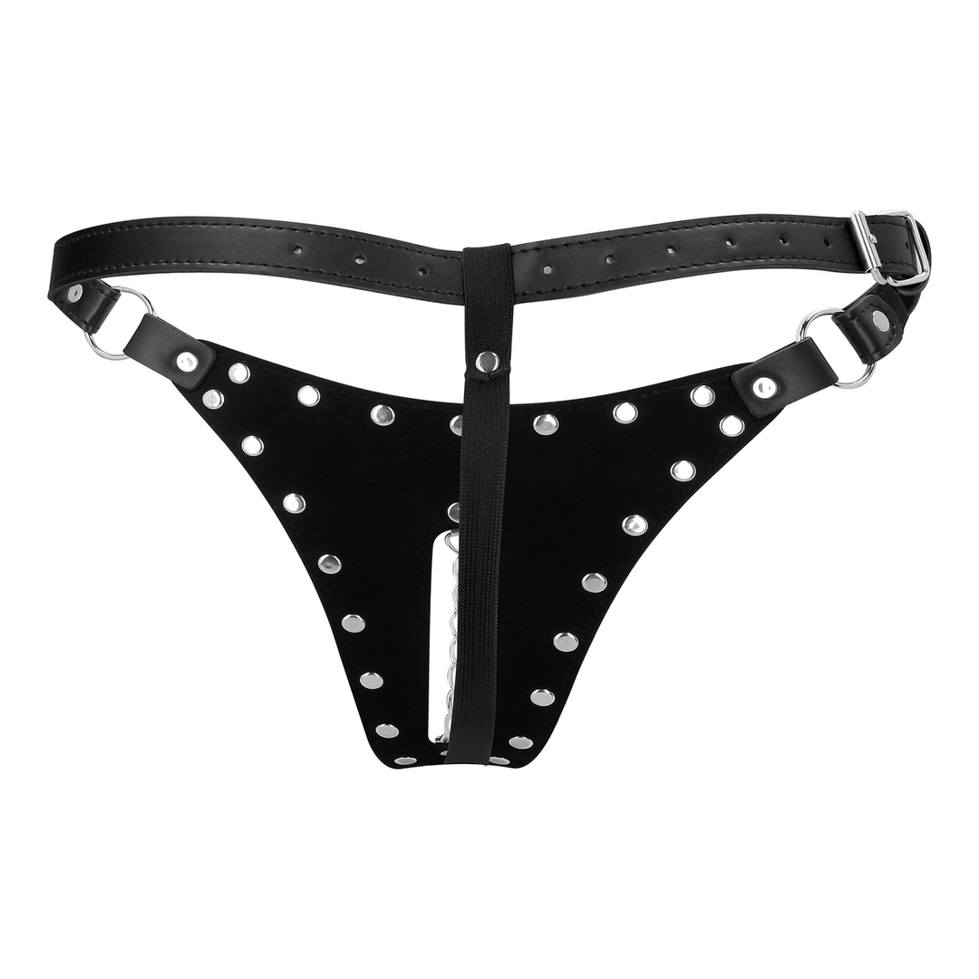 Ouch! by shots PU Leren Chastity Thong met Keten Detail - Zwart (8714273044273)