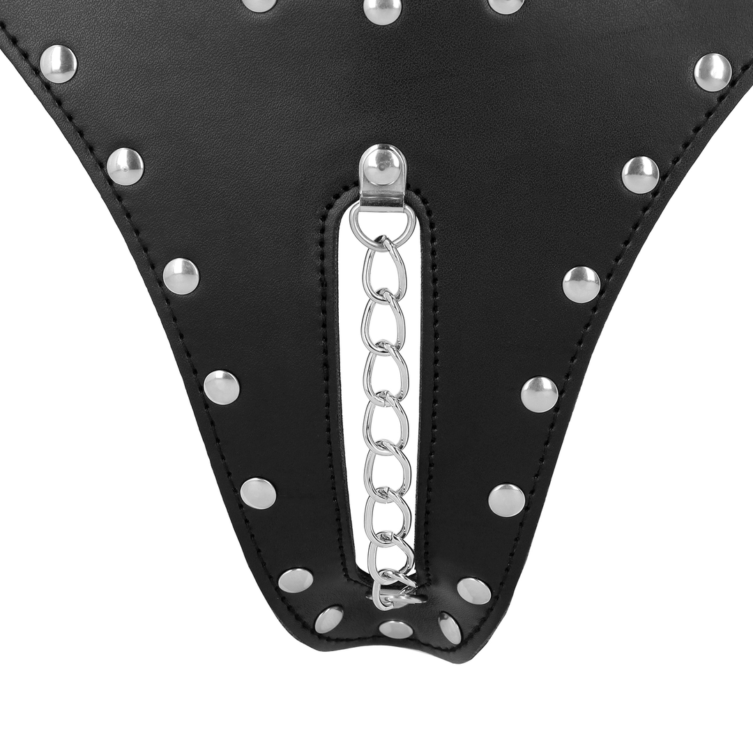 Ouch! by shots PU Leren Chastity Thong met Keten Detail - Zwart (8714273044273)