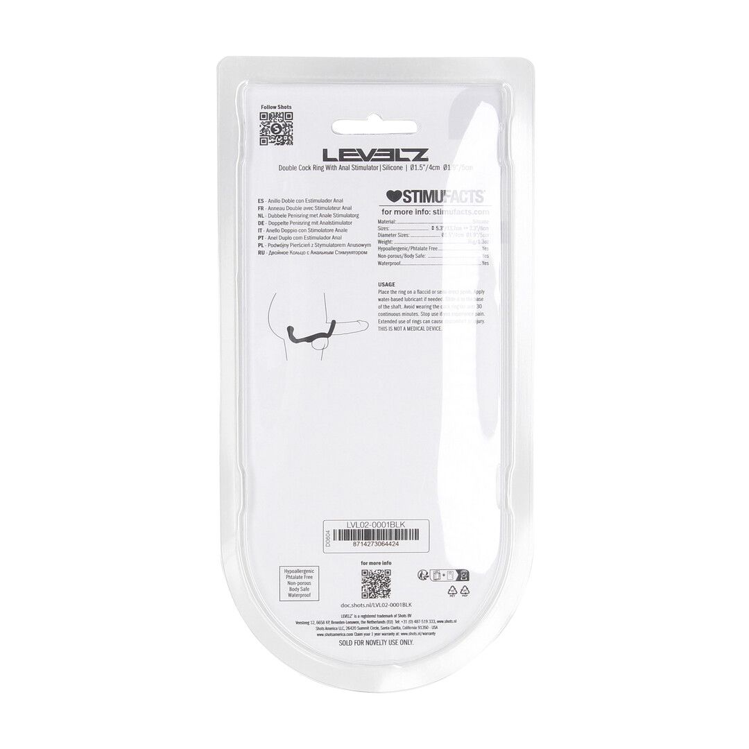 Levelz by shots Siliconen Dubbele Cockring met Anale Stimulator - Zwart (8714273064424)