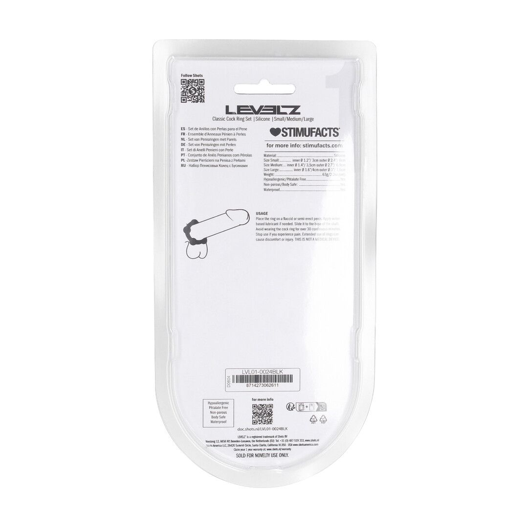 Levelz by shots Kralen Silikon Cockring Set van 3 - S/M/L - Zwart (8714273062611)