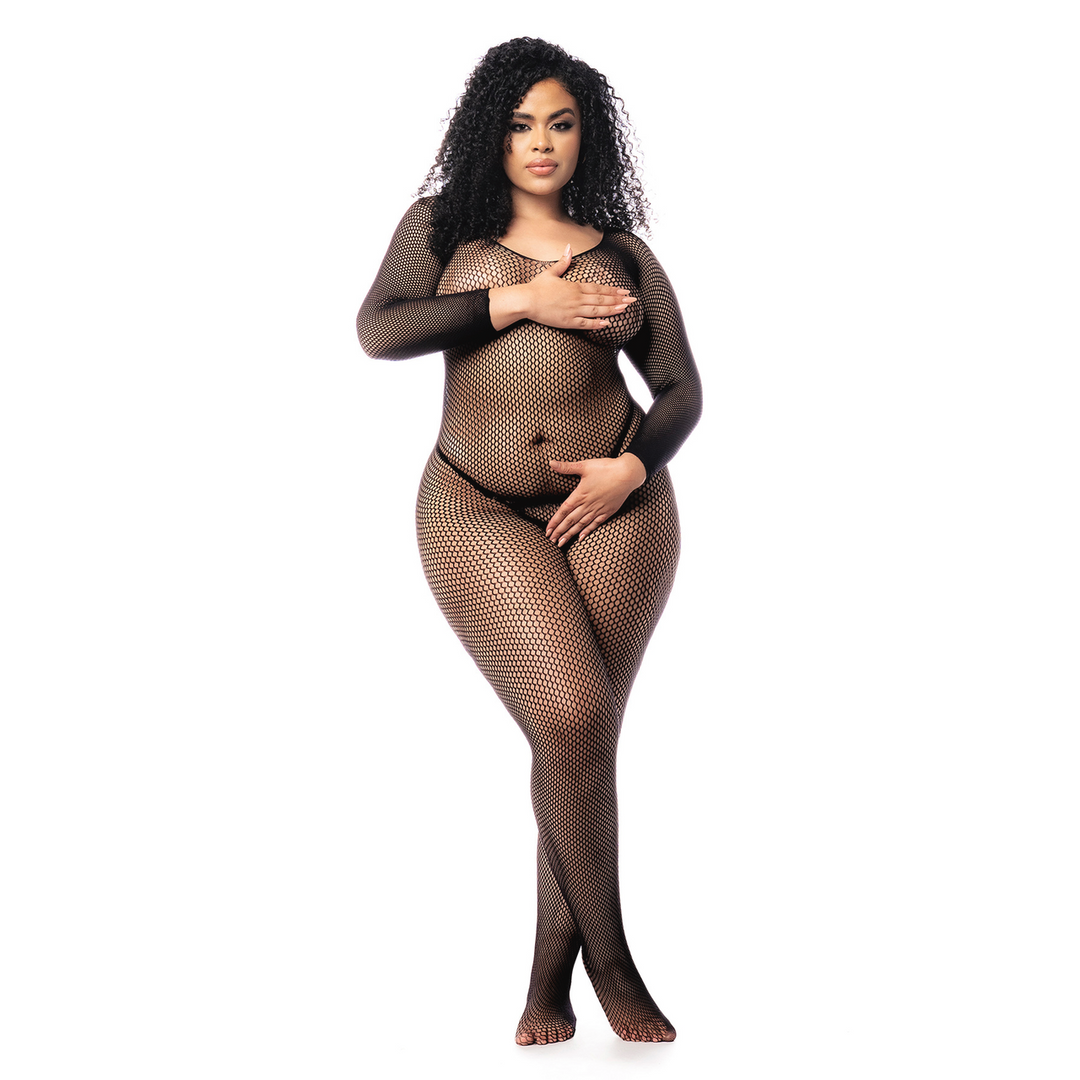 Mapalé Langarmige Visnet Bodystocking - Koning Maat - Zwart (190602585569)