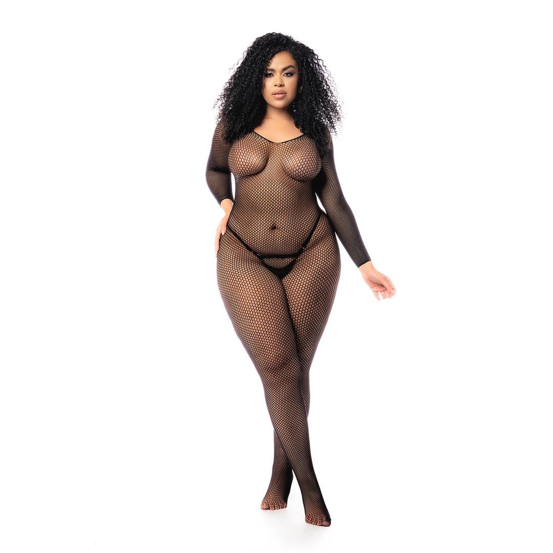 Mapalé Langarmige Visnet Bodystocking - Koning Maat - Zwart (190602585569)