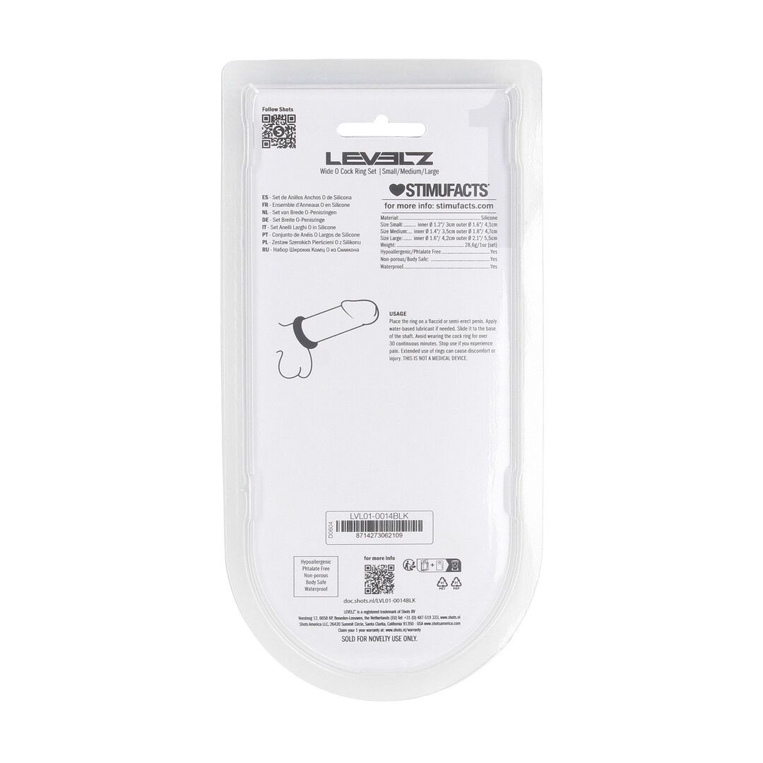 Levelz by shots Wide O Siliconen Cockring Set van 3 - S/M/L - Zwart (8714273062109)