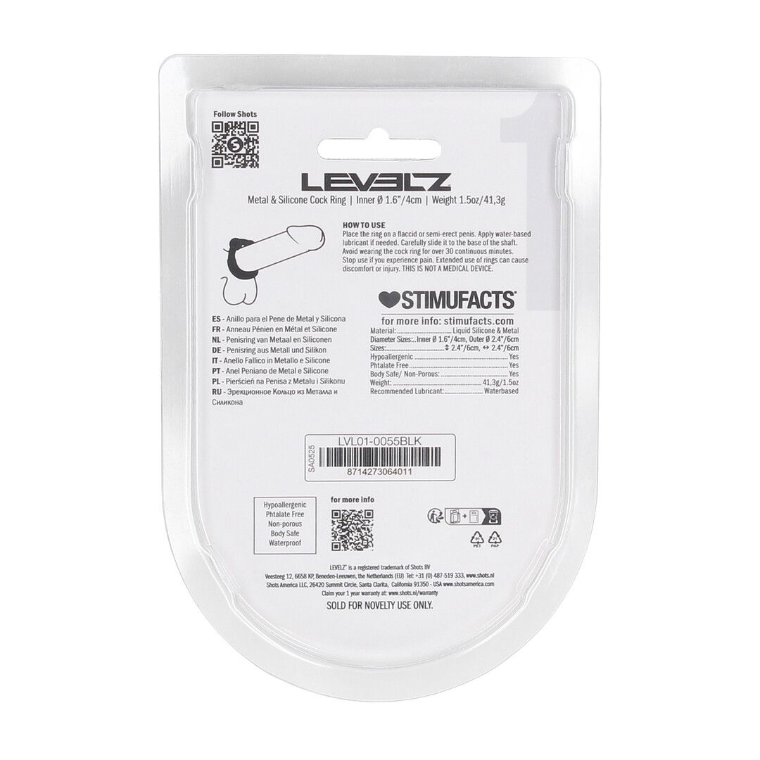 Levelz by shots Metaal en Siliconen Cockring - Zwart (8714273064011)