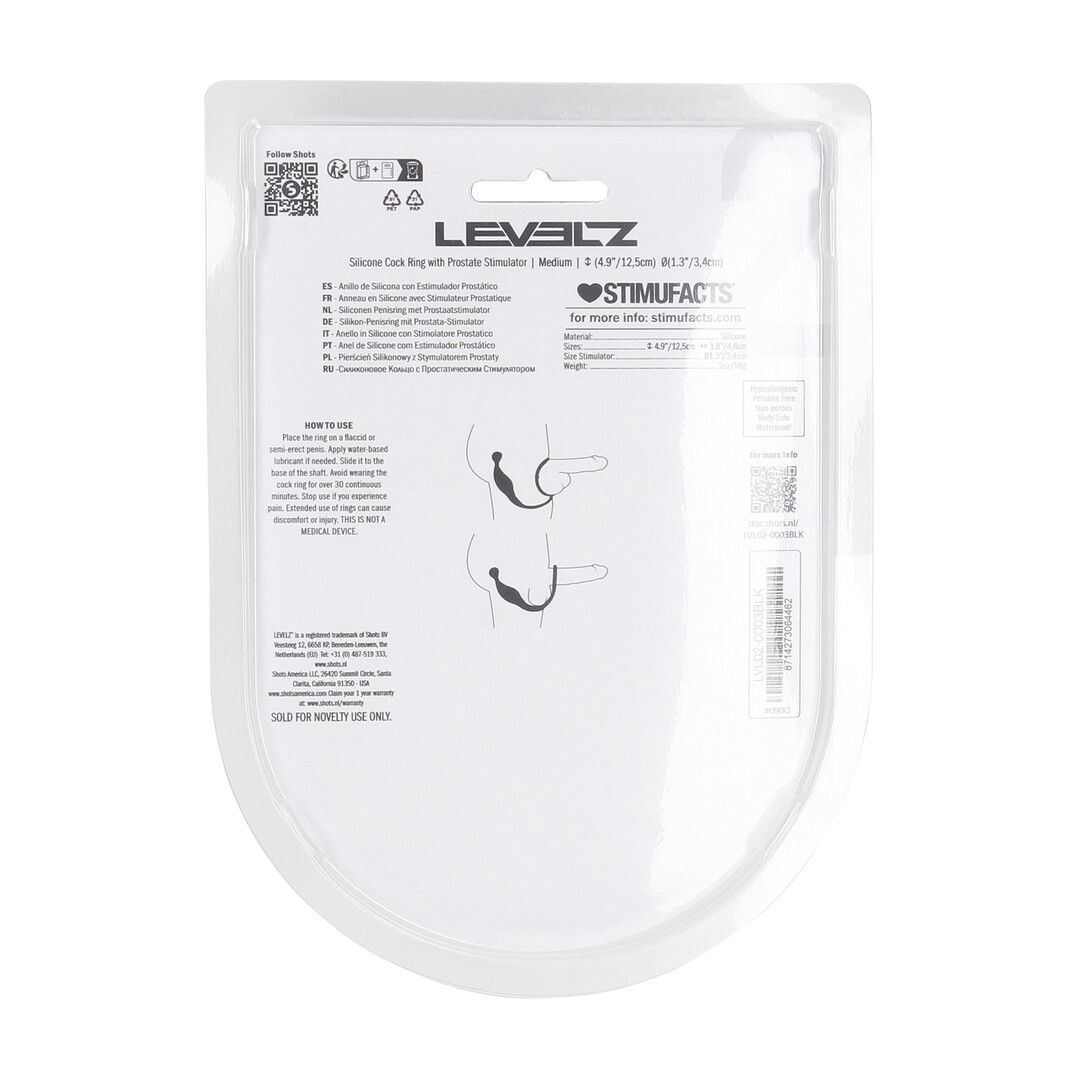 Levelz by shots Siliconen Cockring met Prostaatstimulator - M - Zwart (8714273064462)