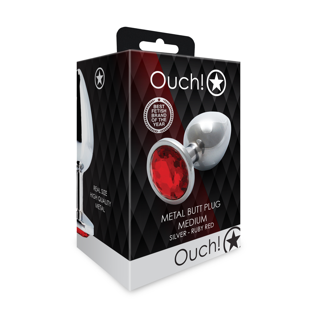 Ouch! by shots Ronde Edelsteen Butt Plug - Medium - Zilver/Ruby Rood (8714273533609)