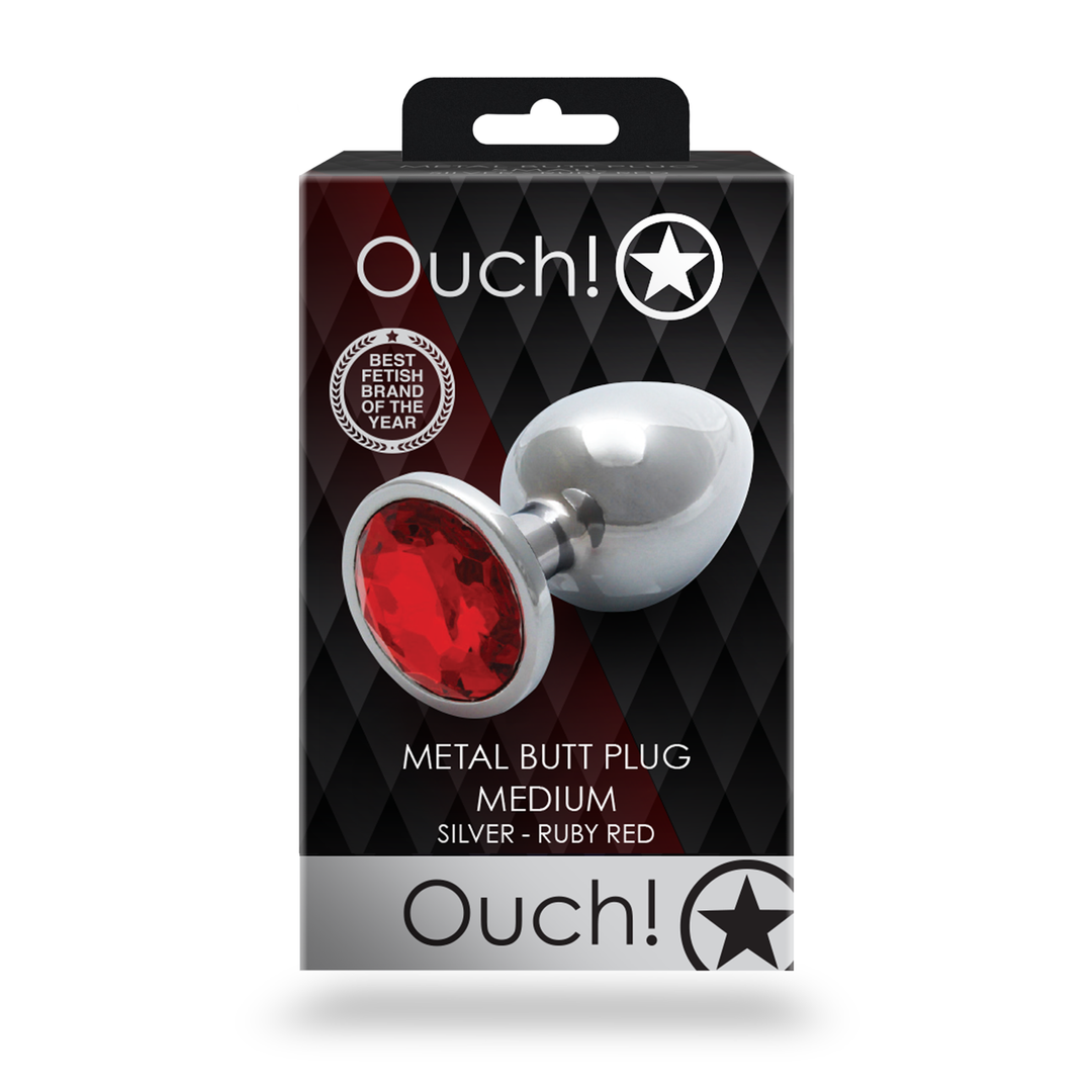 Ouch! by shots Ronde Edelsteen Butt Plug - Medium - Zilver/Ruby Rood (8714273533609)