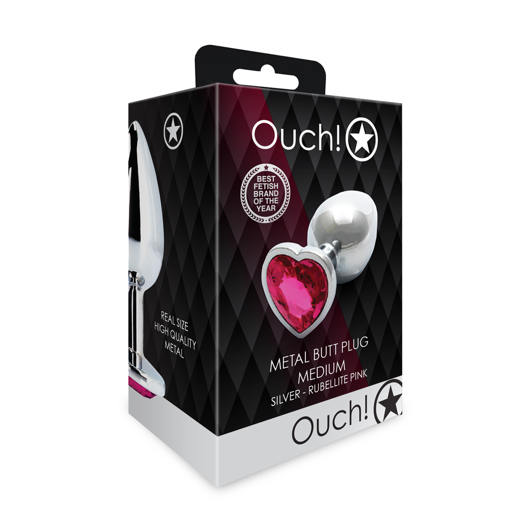 Ouch! by shots Heart Gem Butt Plug - Medium - Zilver/Rubellite Roze (8714273533661)