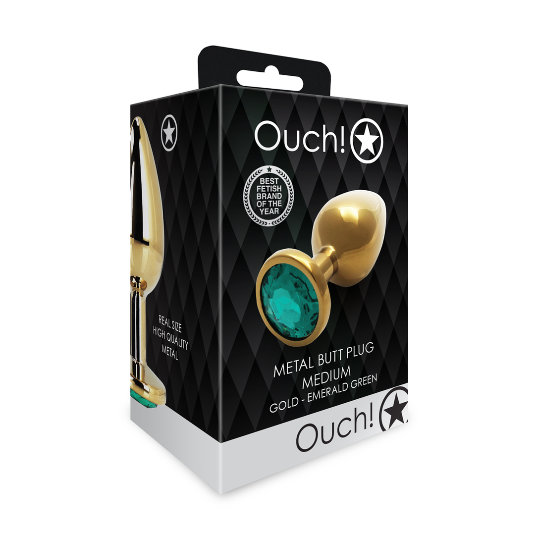 Ouch! by shots Ronde Gem Buttplug - Medium - Goud/Emerald Groen (8714273533692)