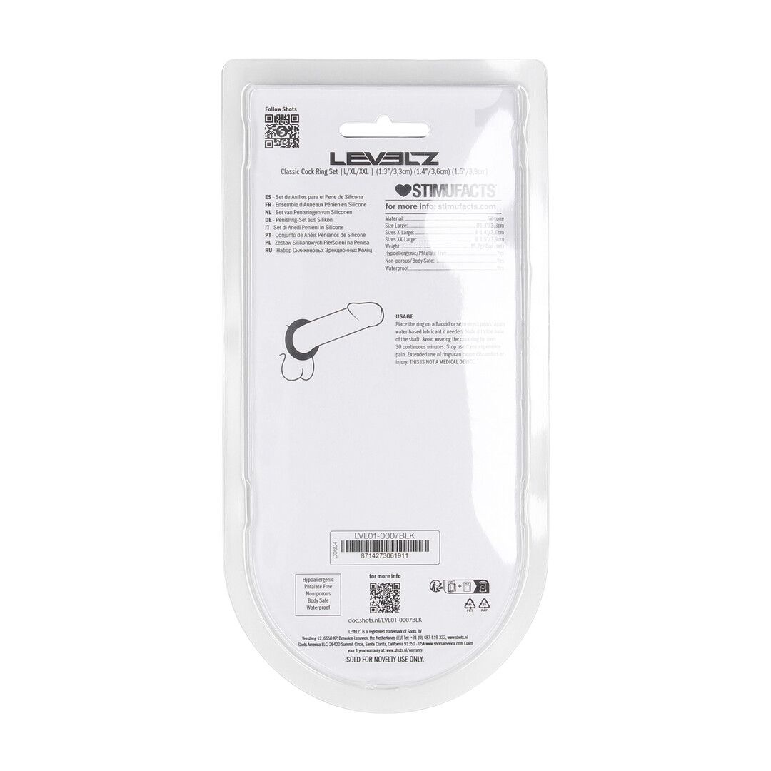 Levelz by shots Classic Silicone Cockring Set van 3 - L/XL/XXL - Zwart (8714273061911)