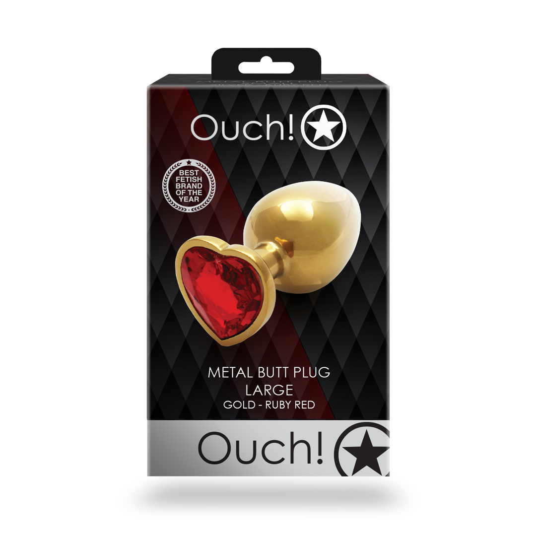 Ouch! by shots Hart Edelhart Buttplug - Groot - Goud/Ruby Rood (8714273493064)