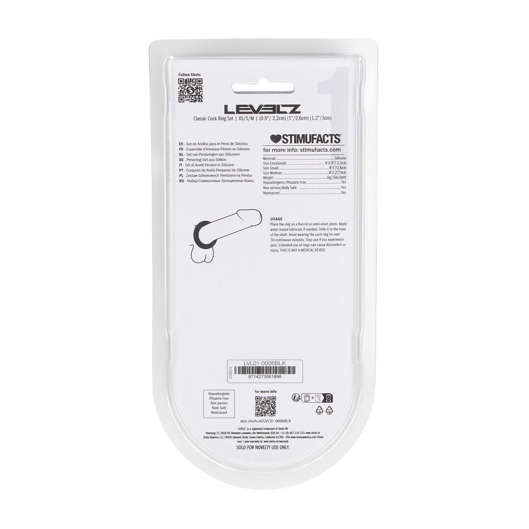 Levelz by shots Classic Silicone Cockring Set van 3 - XS/S/M - Zwart (8714273061898)