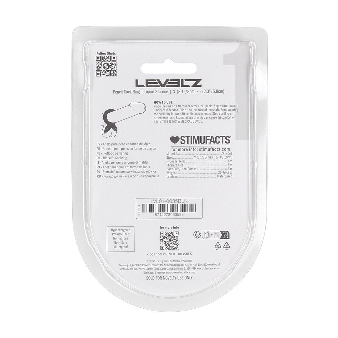 Levelz by shots Pencil Liquid Silicone Cockring - Zwart (8714273063588)
