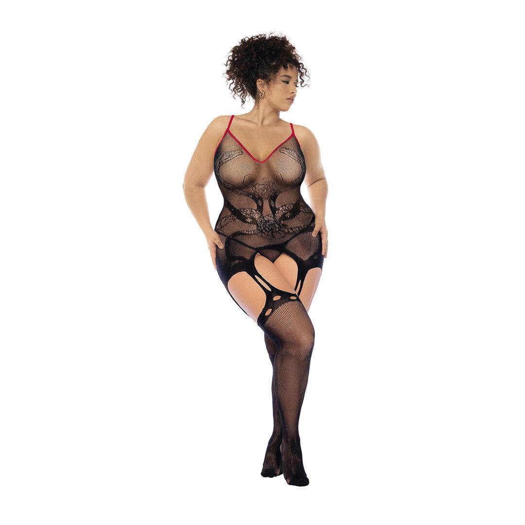 Mapalé Slangen Visnet Bodystocking - Koning Maat - Zwart/Rood (190602299183)