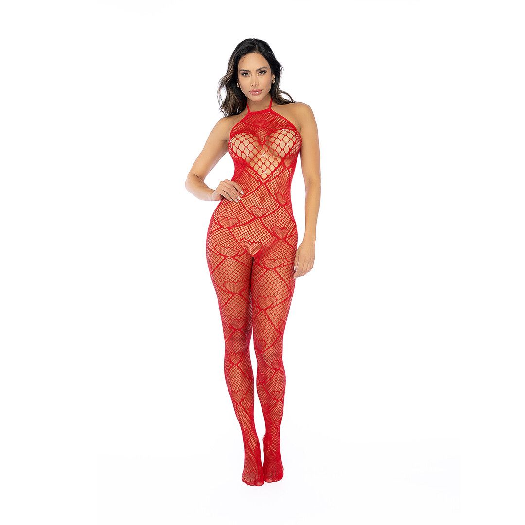 Mapalé Hart Visnet Bodystocking met Strass Detail - Één Maat - Rood (190602299312)