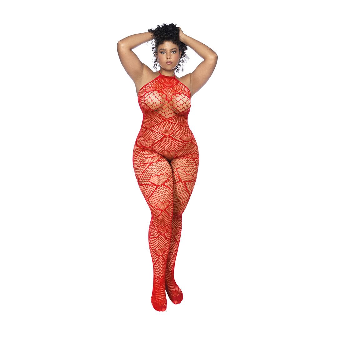Mapalé Hart Visnet Bodystocking met Strass Detail - Koning Maat - Rood (190602299329)