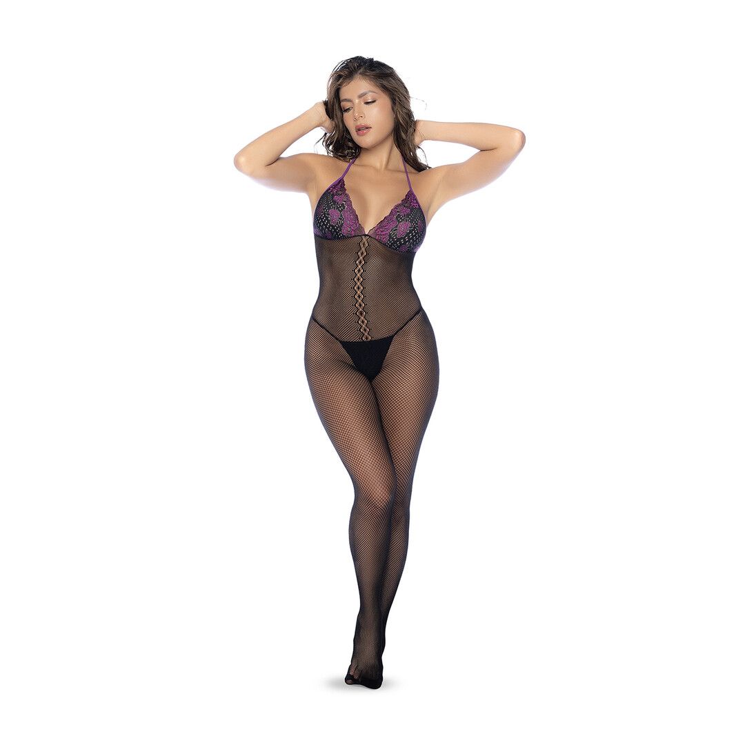 Mapalé Visnet en Kant Bodystocking Set - Één Maat - Zwart/Paarse (190602203982)