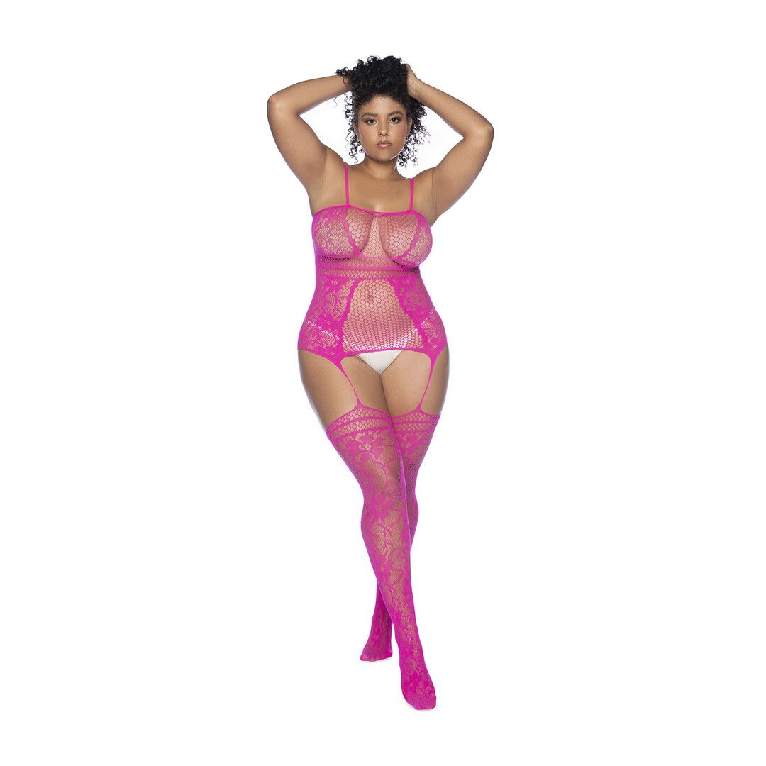 Mapalé Visnet Bodystocking met Halslijnen en Bandjes - Koning Maat - Roze (190602203777)