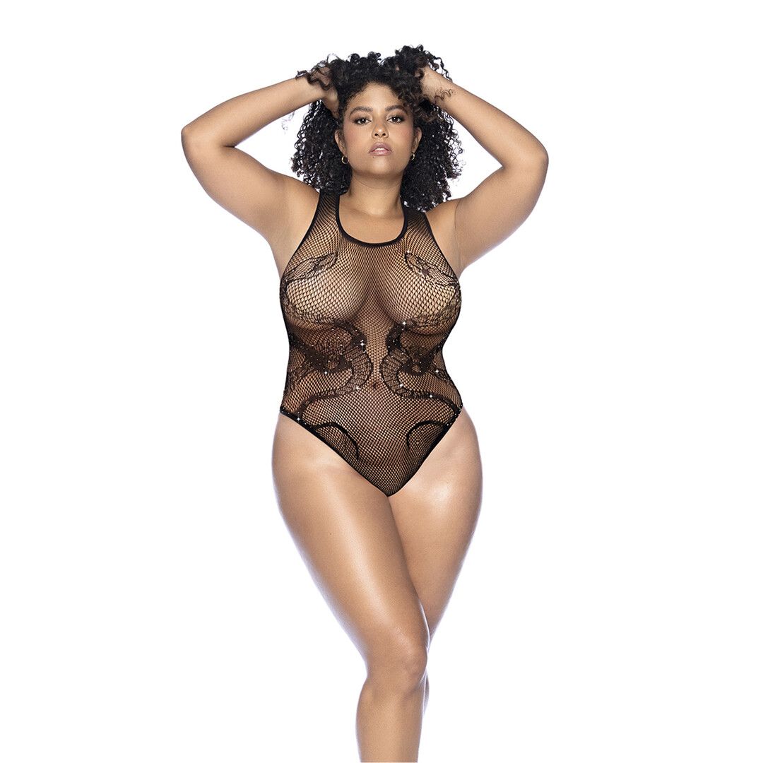 Mapalé Slangen Visnet Rhinestone Bodysuit - Koning Maat - Zwart/Rhinestone (190602299213)