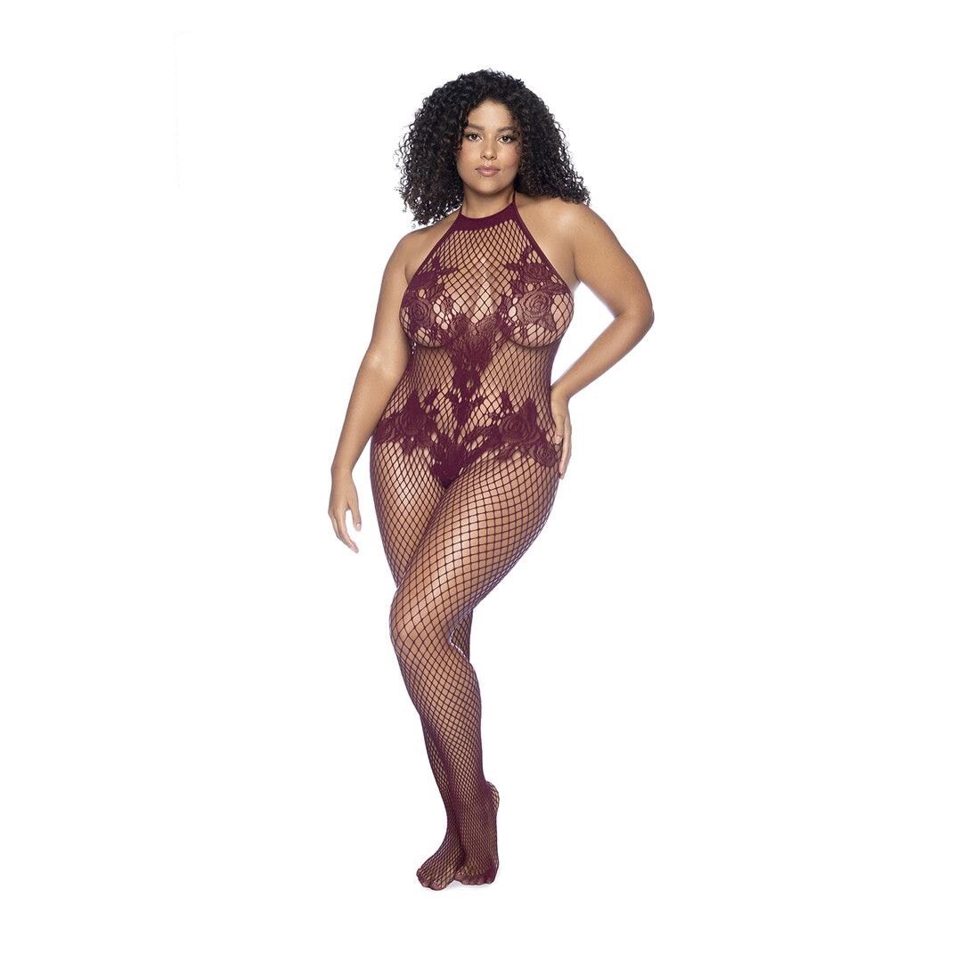 Mapalé Halter en Kralenloze Bloemen Bodystocking - Koninginneformaat - Kers (190602203845)