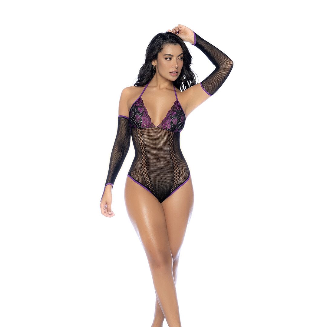 Mapalé Visnet en Kant Bodysuit Set - One Size - Zwart/Paarse (190602203975)