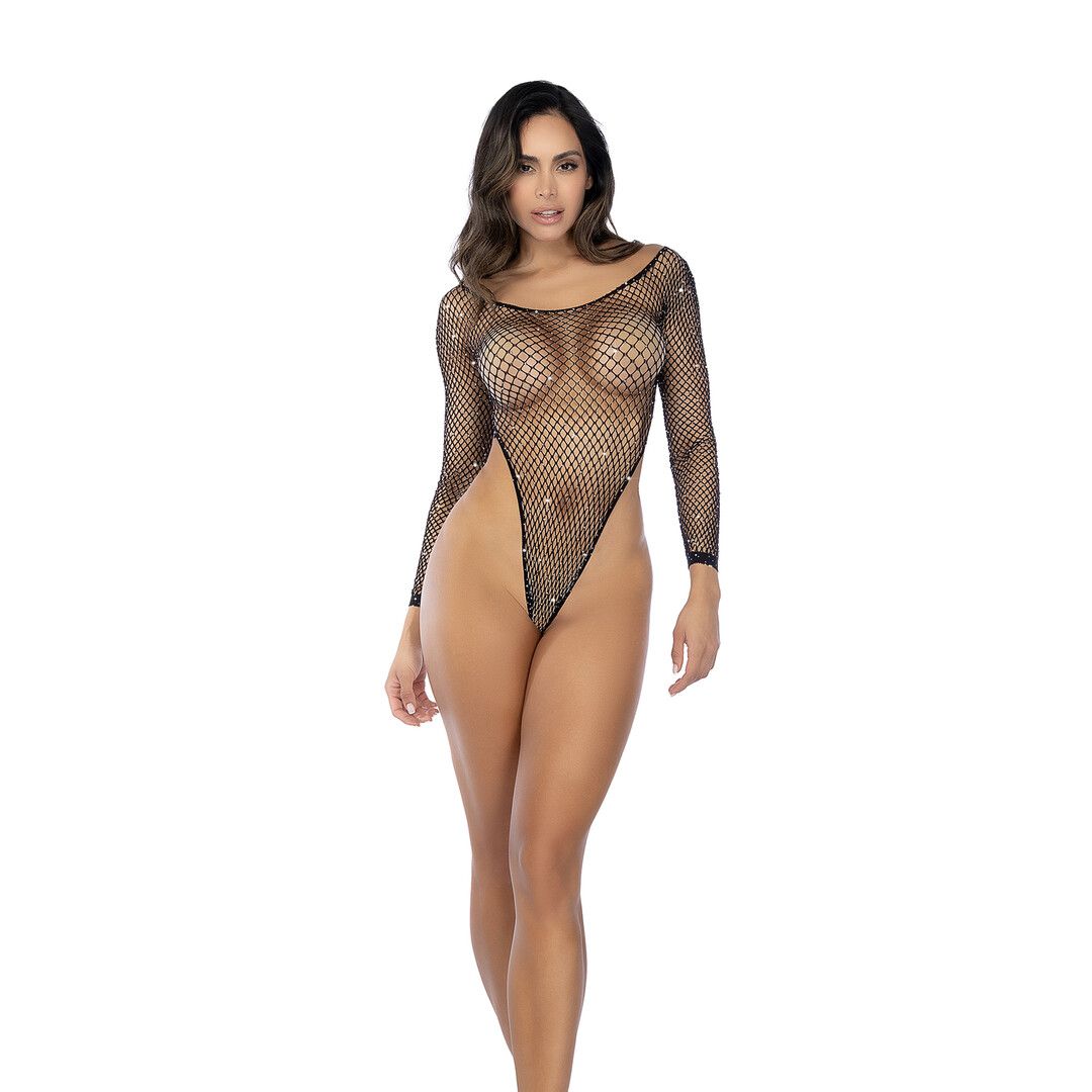 Mapalé Langsleeve Visnet Rhinestone Bodysuit - Één maat - Zwart/Rhinestone (190602298988)