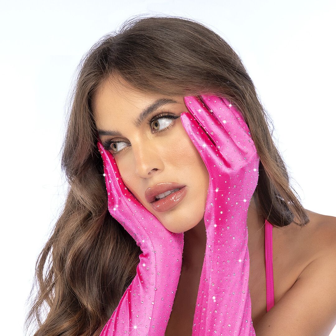 Mapalé Satin Strass Opera Handschoenen - Één Maat - Roze/Strass (190602299015)