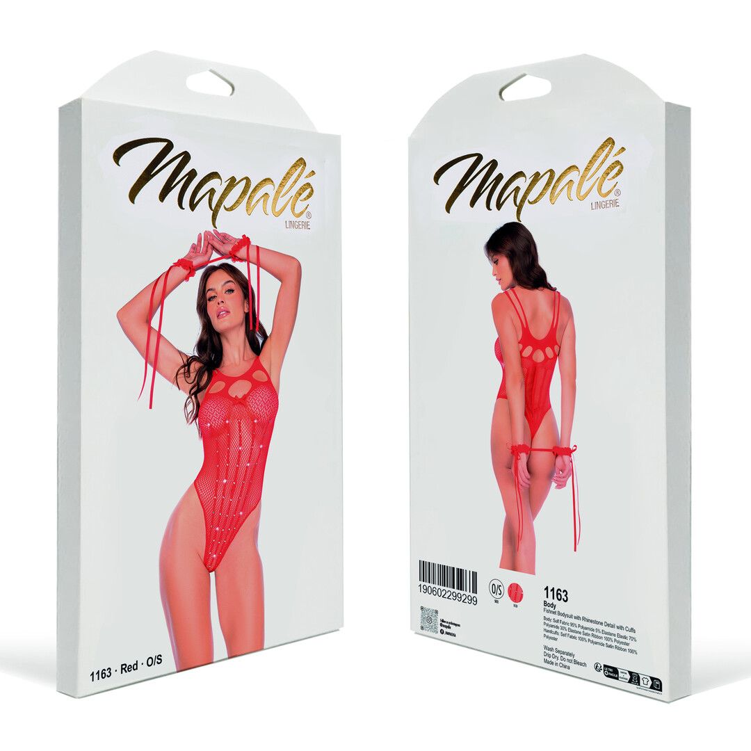 Mapalé Visnet Bodystocking met Strass Detail en Manchet - Één Maat - Rood (190602299299)