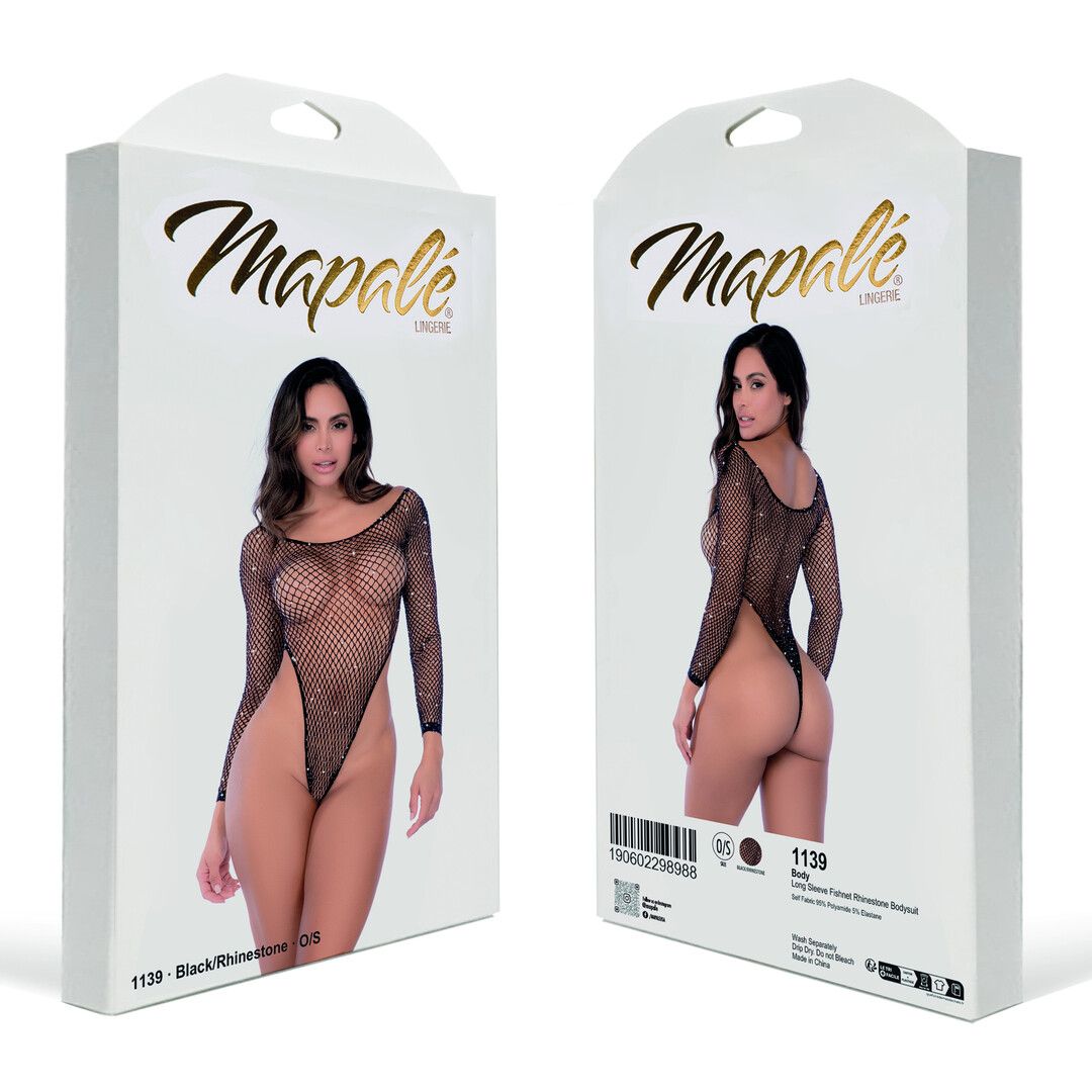 Mapalé Langsleeve Visnet Rhinestone Bodysuit - Één maat - Zwart/Rhinestone (190602298988)