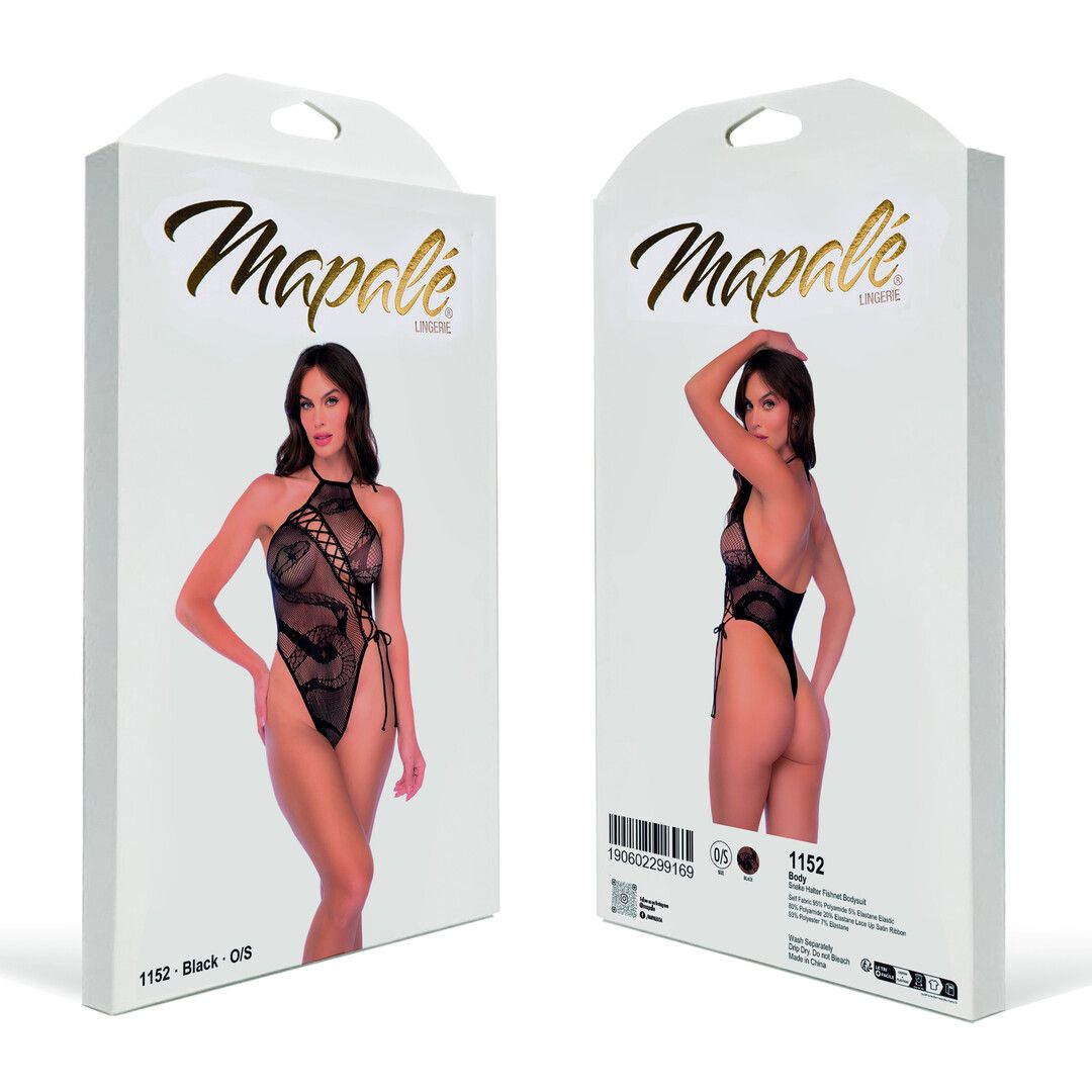Mapalé Snake Halter Fishnet Bodysuit - One Size - Zwart (190602299169)