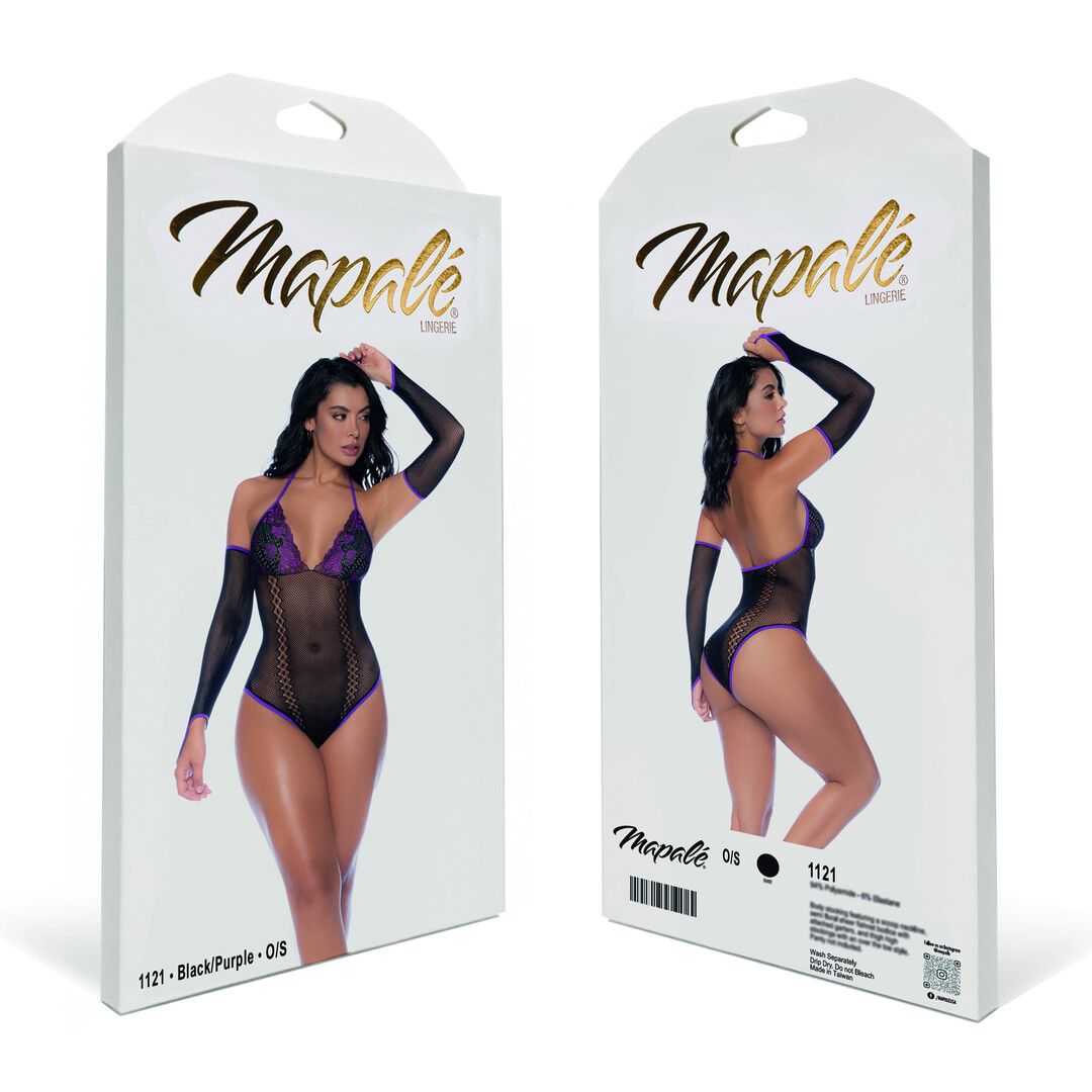 Mapalé Visnet en Kant Bodysuit Set - One Size - Zwart/Paarse (190602203975)